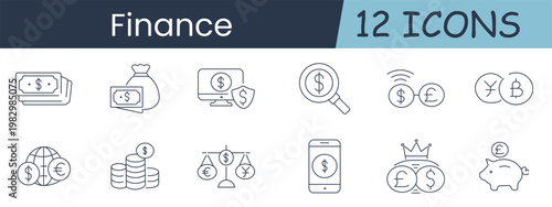 Finance set icon. Collection with banknotes, money bag, monitor shield, magnifier dollar, currency signals, globe exchange, coin stacks, balance scale, smartphone payment, crown coins