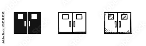 Hospital or school double door icon set with glass windows in flat, outline, and hand-drawn sketch styles