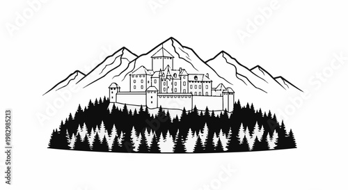 A detailed black and white illustration of a castle atop a forest, set against mountain peaks