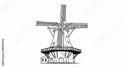 A detailed black and white sketch of a traditional windmill with sails extended