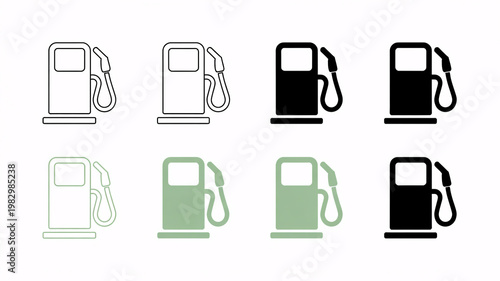 A collection of gas pump icons in various colors and styles on a white background