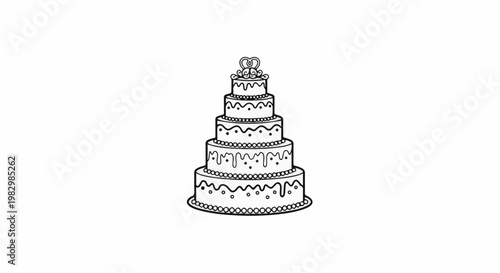 A detailed black and white illustration of a multi-tiered cake