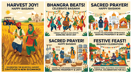 Vibrant Baisakhi celebrations depicting Punjabi culture and Sikh traditions with joyful harvest scenes, energetic Bhangra dance, sacred prayers at Gurdwara, and festive communal feasts