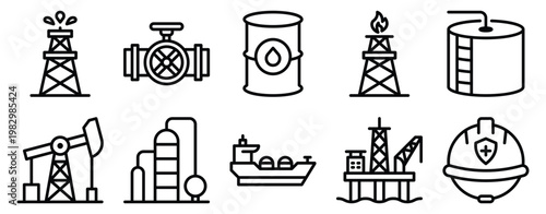 Oil gas industry icon set line style for drilling refinery offshore and energy production