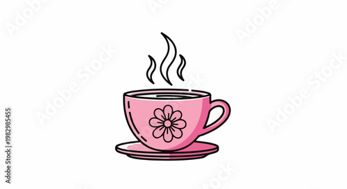 A cute pink coffee cup with steam rising and a flower