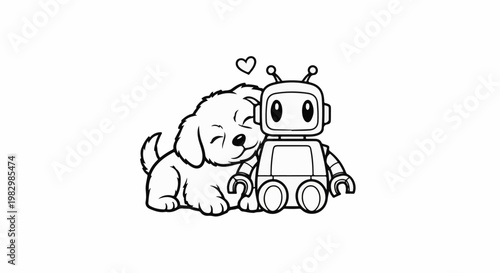 A cute puppy rests its head on a friendly robot, with a small heart above them