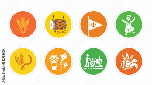 Baisakhi Festival Punjabi Sikh Culture Icons Set Celebrating Harvest Dance Music and Traditions Vector Illustration