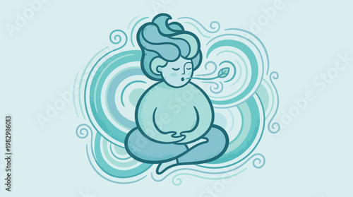 Illustration of a person meditating and breathing deeply, surrounded by swirling blue waves representing calmness and relaxation