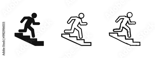 Fire escape stairs icon set with a figure running downwards in flat, outline, and hand-drawn sketch styles
