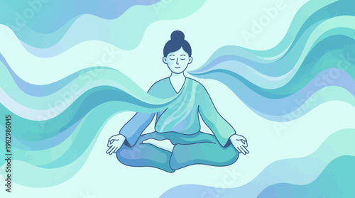 Serene woman meditating peacefully amidst flowing abstract blue waves, symbolizing tranquility and mindfulness in a calm, soothing environment