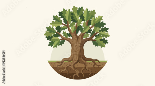 A majestic oak tree with strong roots, symbolizing growth, stability, and nature's enduring strength