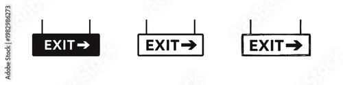Hanging emergency exit sign board with direction arrow icon set in flat, outline, and hand-drawn styles