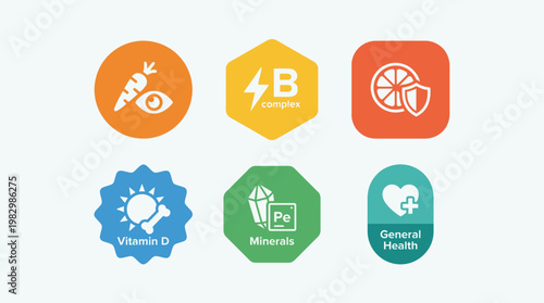 Set of six colorful circular and hexagonal icons representing health supplements and nutrients like Vitamin D, B Complex, minerals, and general health