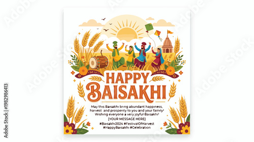 Happy Baisakhi festival celebration with traditional Punjabi folk dancers, dhol drum, wheat fields, and kites under a bright sun, symbolizing prosperity and harvest for Sikh community