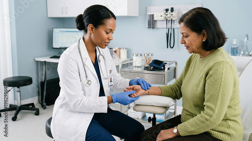 Female doctor examining elderly woman’s wrist in clinic setting for Asthma Awareness Day  