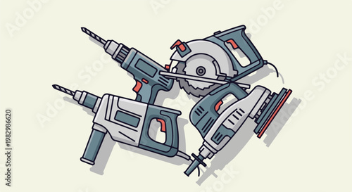 A collection of hand power tools, including drills, saw, and sander