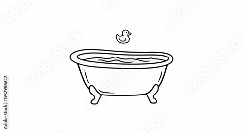 A cartoon drawing of a bathtub with water and a rubber duck