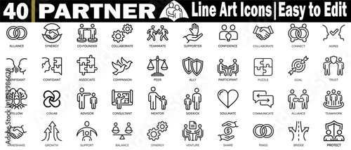 Partner line art icons. Collection including various interpersonal roles such as mentor, advisor, sidekick, and teammate for a diverse organizational structure. vector illustration.