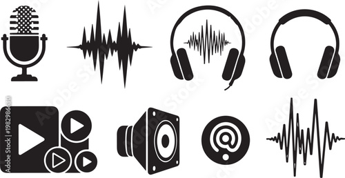 Audio and video icons in black and white