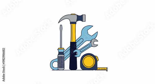 A collection of hand tools including a hammer, screwdriver, wrenches, and tape measure
