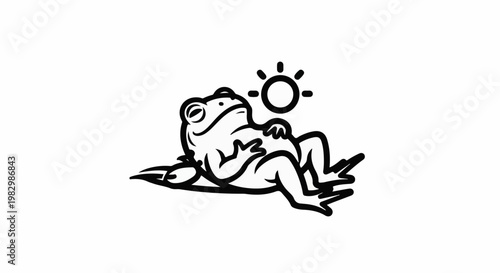 A cartoon frog lies on its back under a sun