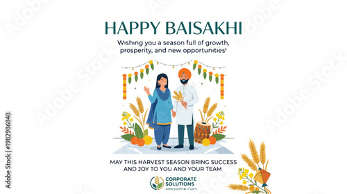Happy Baisakhi festival celebration with a Punjabi Sikh couple in traditional attire, surrounded by harvest elements like wheat and flowers, symbolizing prosperity and new beginnings