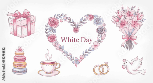 A charming watercolor collage of gifts, sweets, and romantic symbols for White Day