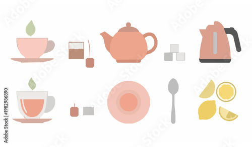 Tea Drinking Items Vector Set Teapot Cups and Accessories Isolated on White Background