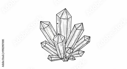 A cluster of faceted, crystalline structures rendered in a line art style