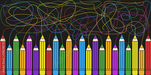 Colored Pencil Frame with lines drawn Pencils isolated black background. Vector Pencil art. Perfect for child classroom wall decor nursery kids wallpaper interior room decoration. Editable stroke
