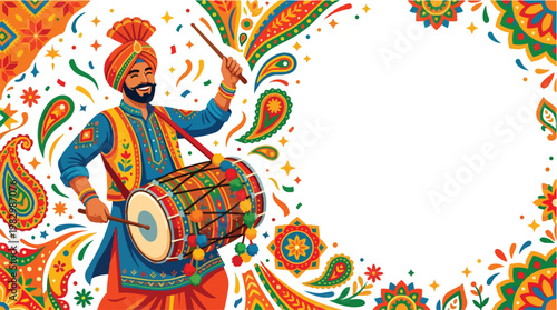 Joyful Punjabi man playing dhol drum in vibrant folk art style for Baisakhi festival celebration with traditional patterns and copy space