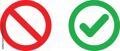 A pair of circular icons representing a red prohibition sign and a green checkmark symbol flat Vector