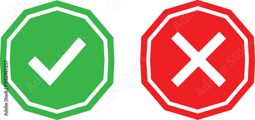 Green checkmark and red x mark icons representing approval and rejection on a white background Vector