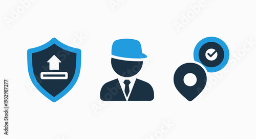 Security and location management icons showing shield data upload authorized employee and map pin verification with security location verification employee business protection authorized