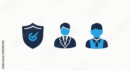 Data protection and professional user verification icons including security shield and employee identity profiles with security protection employee verification business authorized identity