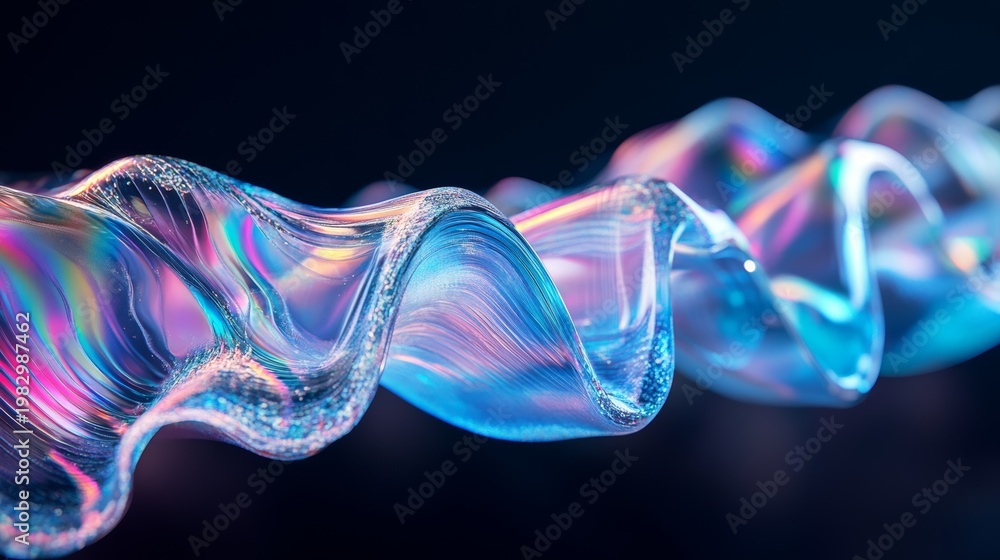 Obraz premium A swirling soap bubble reflects light, showing colorful hues against a dark background, creating a mesmerizing effect