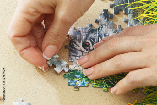 A woman is assembling puzzles at home in natural light. Only hands are visible.