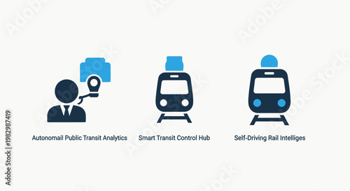 Public transit data analysis icons and smart transportation management set with transportation analysis management commuter infrastructure technology mobility automation planning development