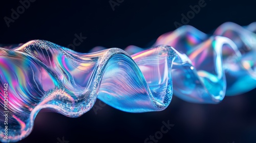 A swirling soap bubble reflects light, showing colorful hues against a dark background, creating a mesmerizing effect