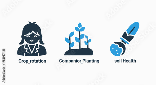 Sustainable agriculture practices icon set including crop rotation companion planting and soil health with agriculture sustainability planting rotation environment cultivation management
