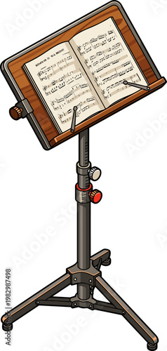 Adjustable metal music stand holding open book of classical sheet music notation