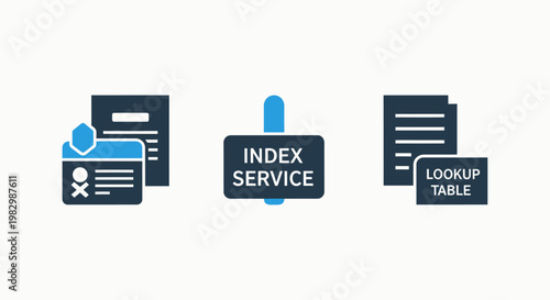 Technical data management and indexing service icon set featuring identification indexing lookup table identification document information management database technology business structure
