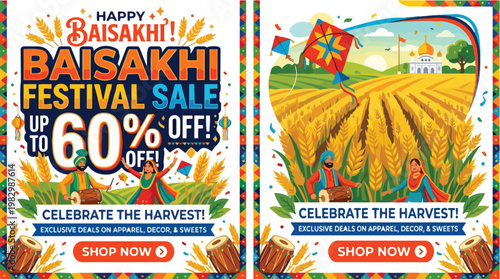 Vibrant Baisakhi festival celebration illustration featuring Punjabi people dancing in golden wheat fields with kites and a temple, perfect for harvest sale promotions