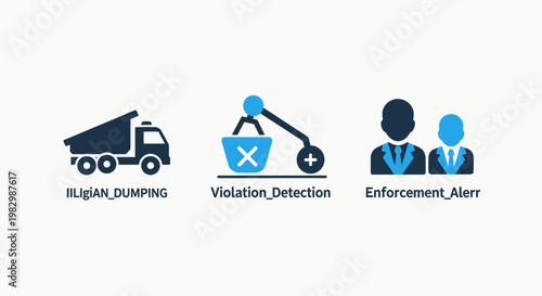Illegal dumping prevention and detection enforcement icons with violation detection enforcement pollution regulation management environment compliance inspection monitoring protection