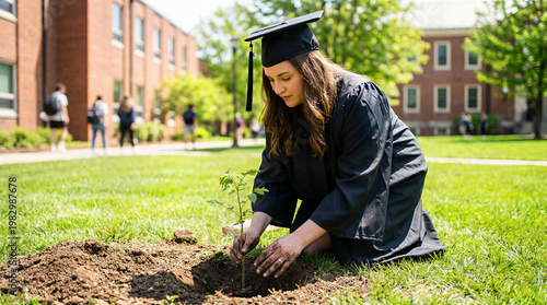 Female graduate in gown planting tree sapling on university campus for environmental care