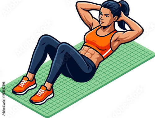 Athletic woman performing abdominal crunches on a green mat for fitness workout
