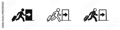 Travel Exit Icon Set with Person Carrying Luggage
