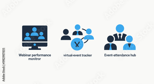 Icons representing virtual meeting remote monitoring email collaboration with video call remote work flat design communication teamwork technology connections discussion computer illustration