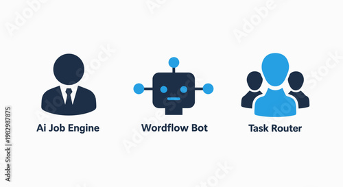 Icons representing AI job engine workflow bot task router for process automation artificial intelligence flat design automation technology computer illustration abstract business