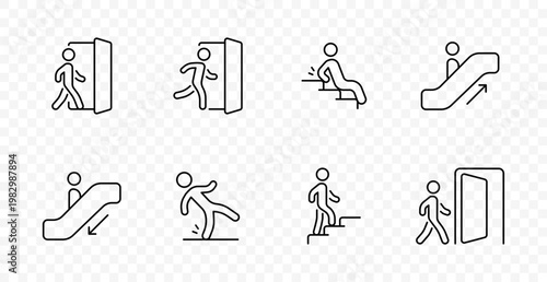 Public transport set icon. Entry door, exit door, escalator up, escalator down, walking, fall risk, stairs access, navigation guidance